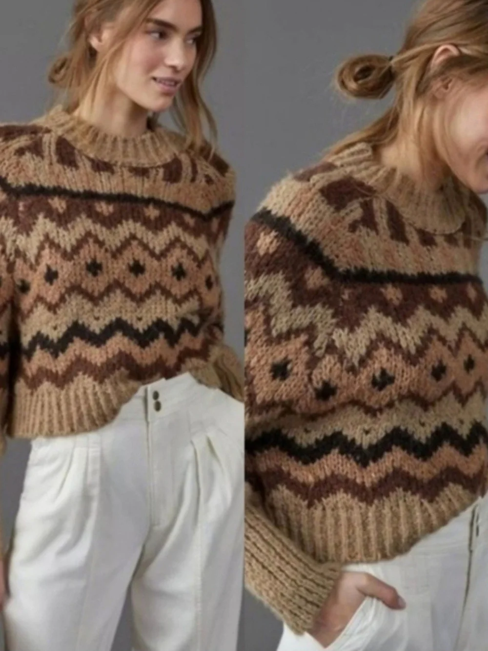 By Anthropologie Caramel Chai Carson Fair Isle Geo Chunky Knit  Crewneck Sweater